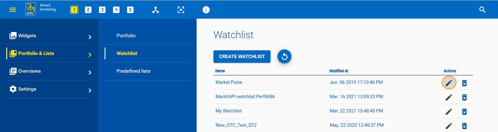 Renaming a watchlist from the Trading Dashboard's main menu.